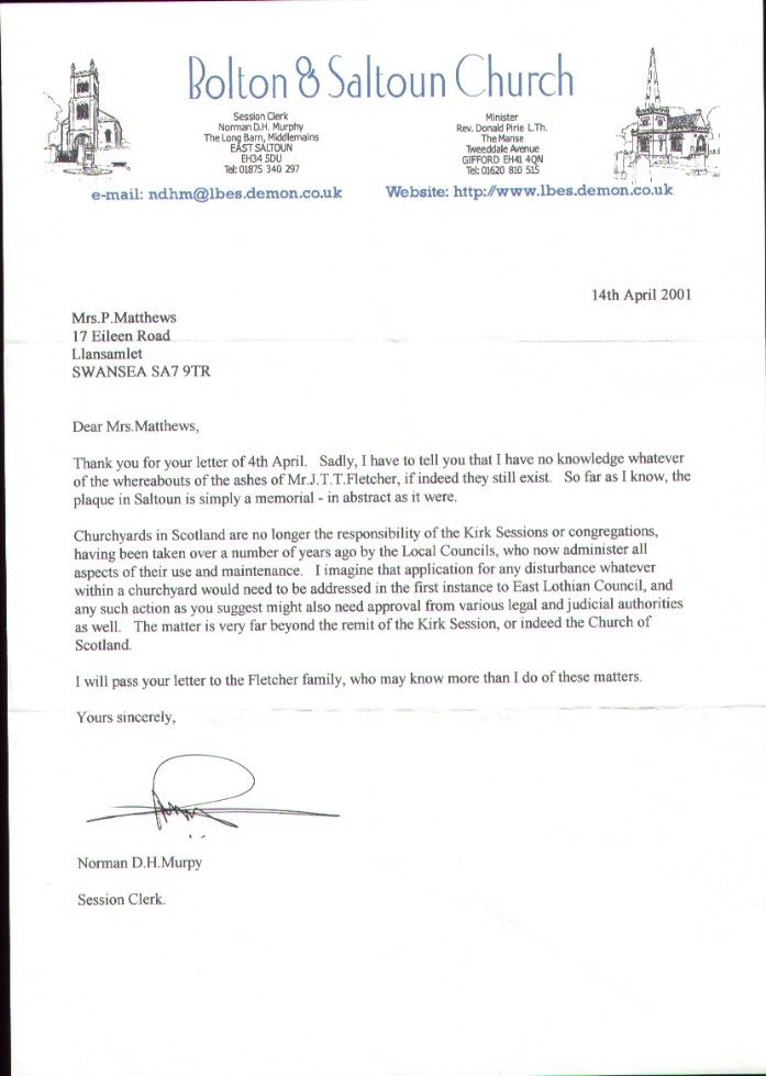 where are the ashes of John Theodore Talbot Fletcher???