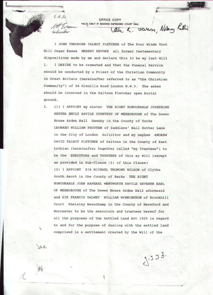 The Will of John Theodore Talbot Fletcher - page 1