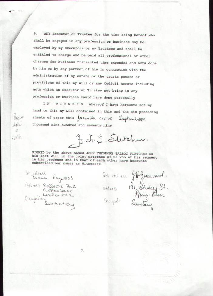 The Will of John Theodore Talbot Fletcher - page 7
