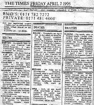 The Times notification of the death of John Theodore Talbot Fletcher